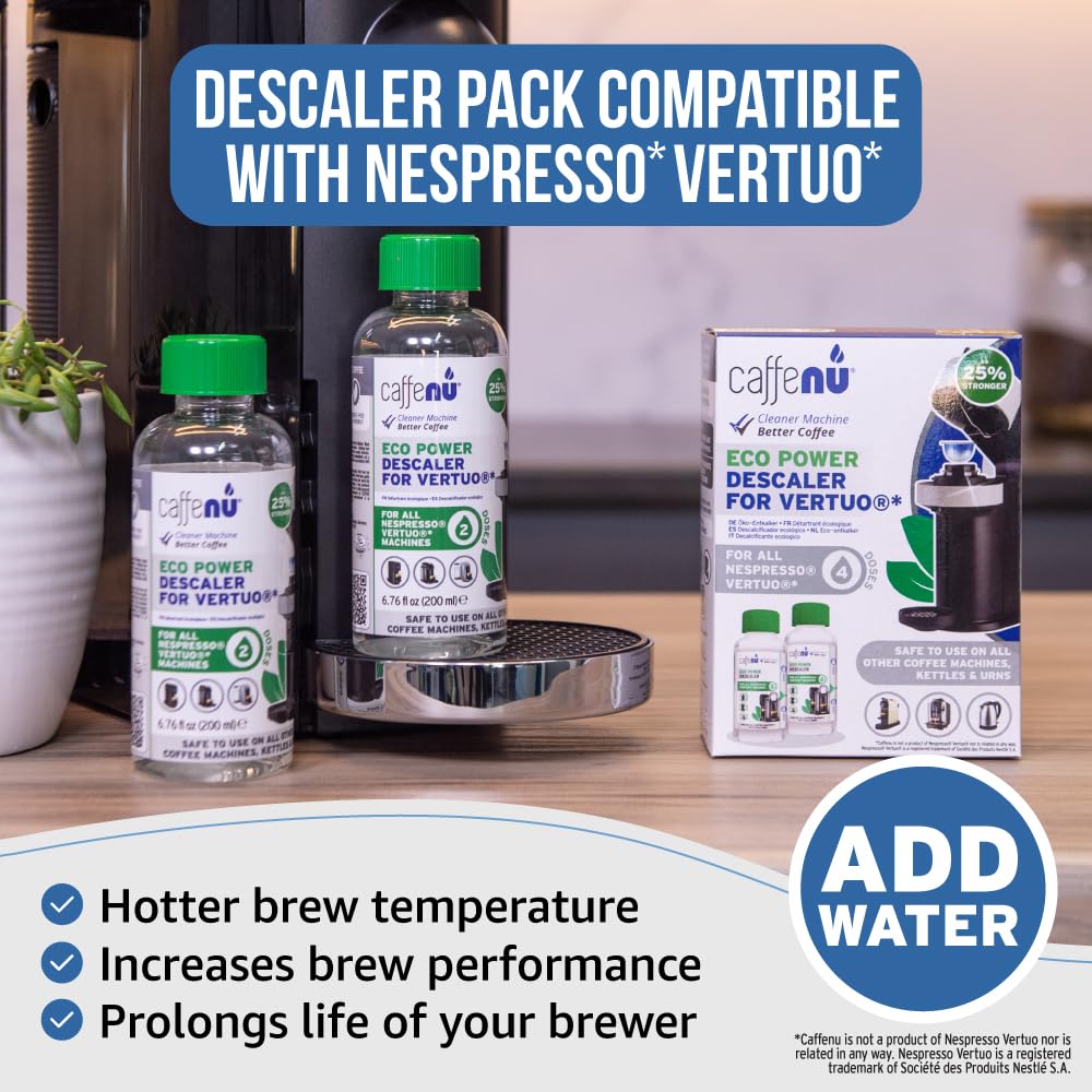 Caffenu descaler liquid pour demonstrates easy application to water tank.
