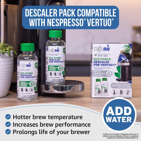Caffenu descaler liquid pour demonstrates easy application to water tank.
