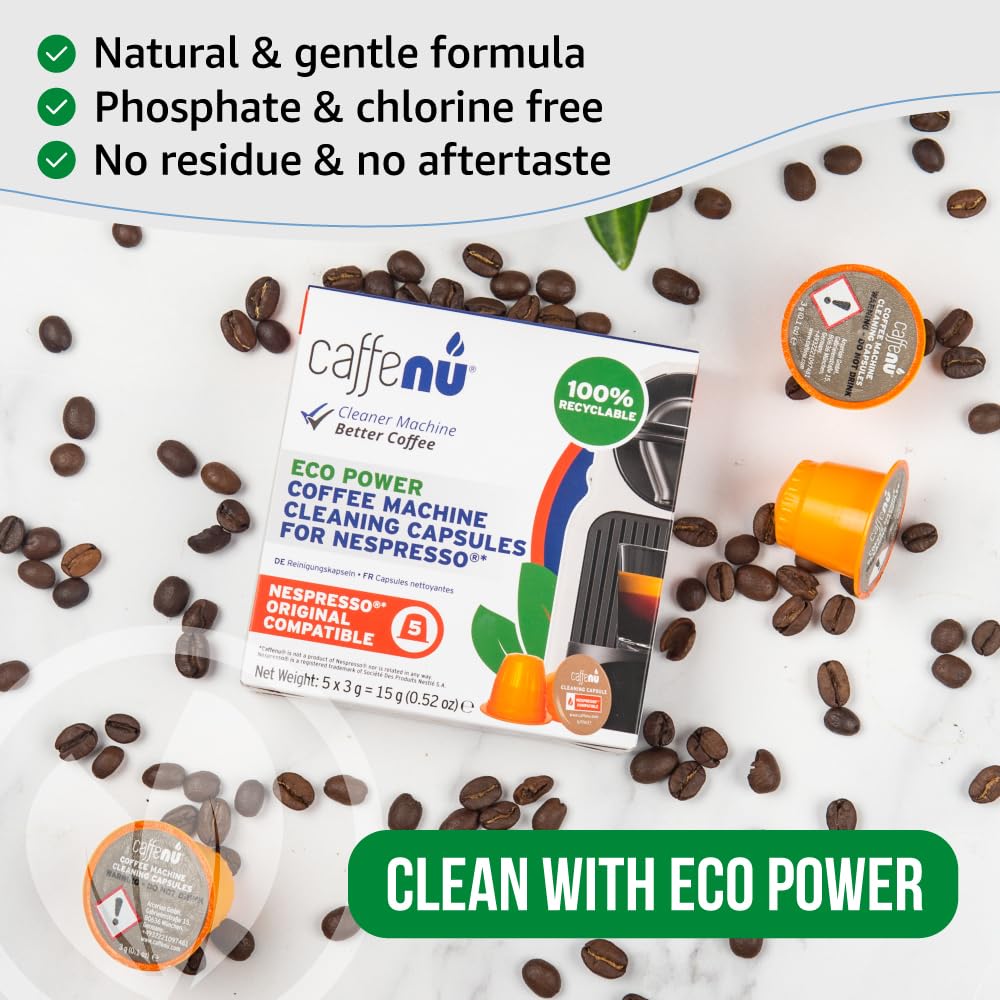 Caffenu Nespresso cleaning pod targets brewing chamber grime for cleaner extraction and aroma.