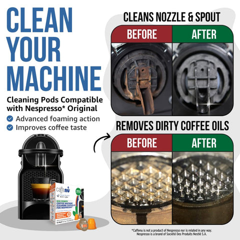 Caffenu Nespresso cleaning pod fast-action in 2 minutes for a fresher brew.