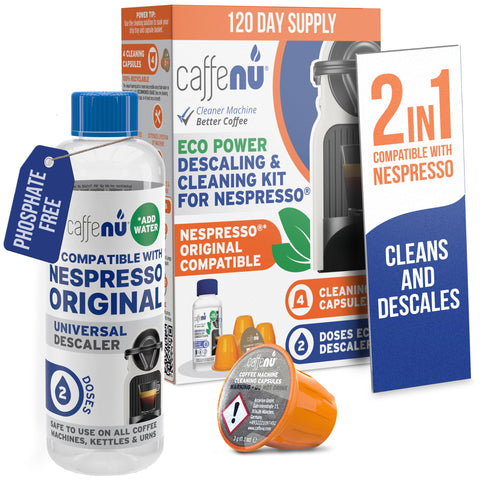Caffenu Nespresso descaling solution bottle removes mineral buildup for smoother brewing