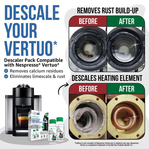 Caffenu Vertuo descaler dosing guide shows simple 4-dose kit usage.