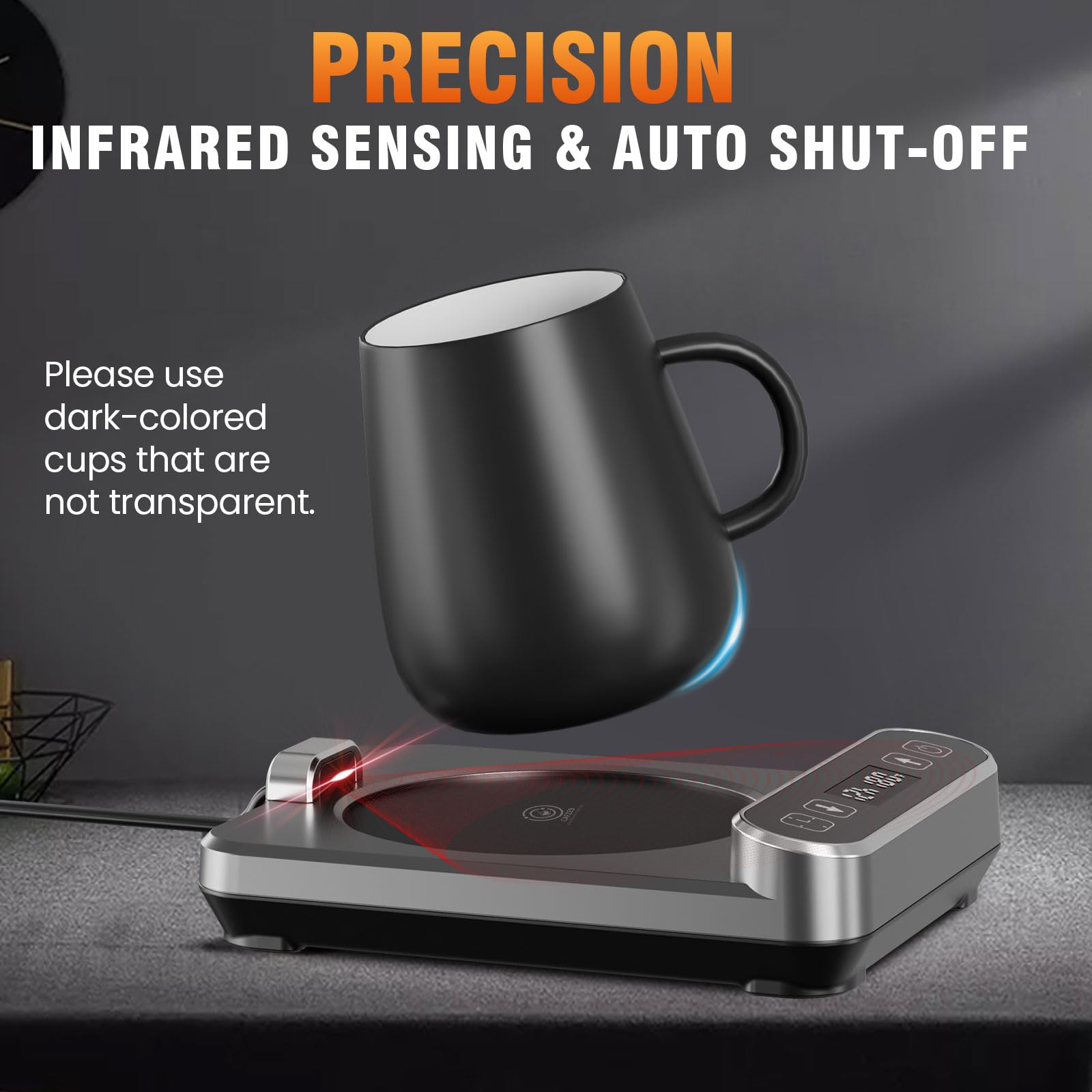 Sleek, modern finish on Cafzed mug warmer complements any desk setup