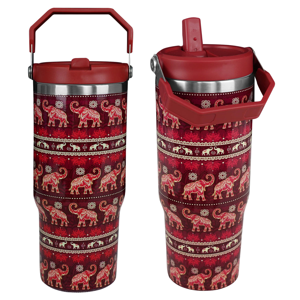 Cahduenx elephant tumbler with straw handle in red for easy on-the-go sipping.
