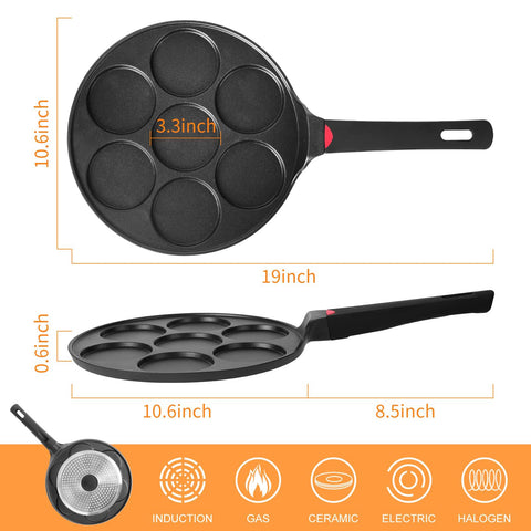 CAINFY Pancake Pan side view highlighting 7 molds for evenly shaped pancakes.