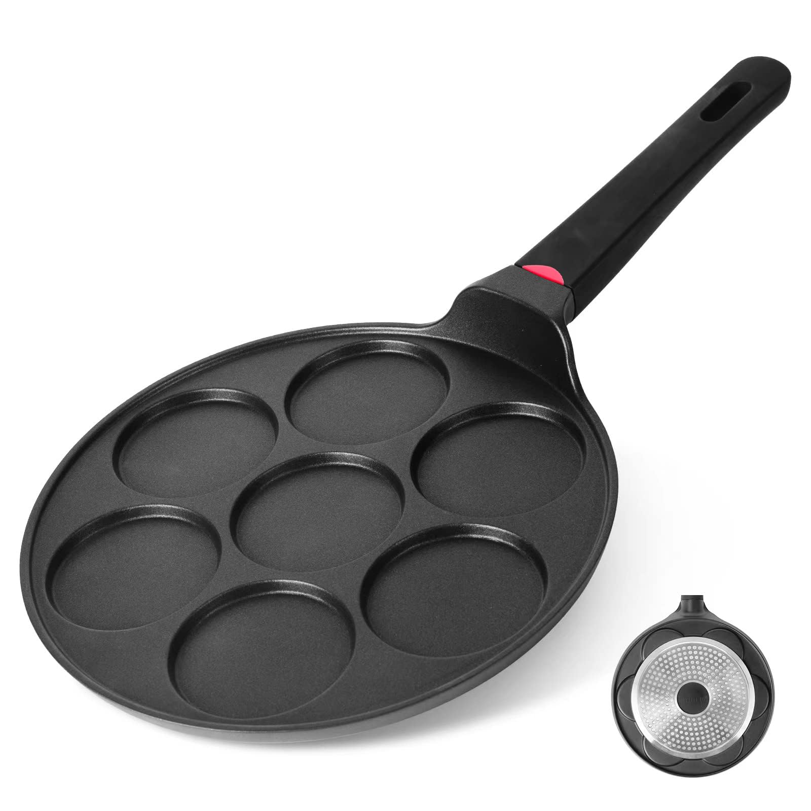 CAINFY Pancake Pan top view showing 7 molds for versatile breakfast options.