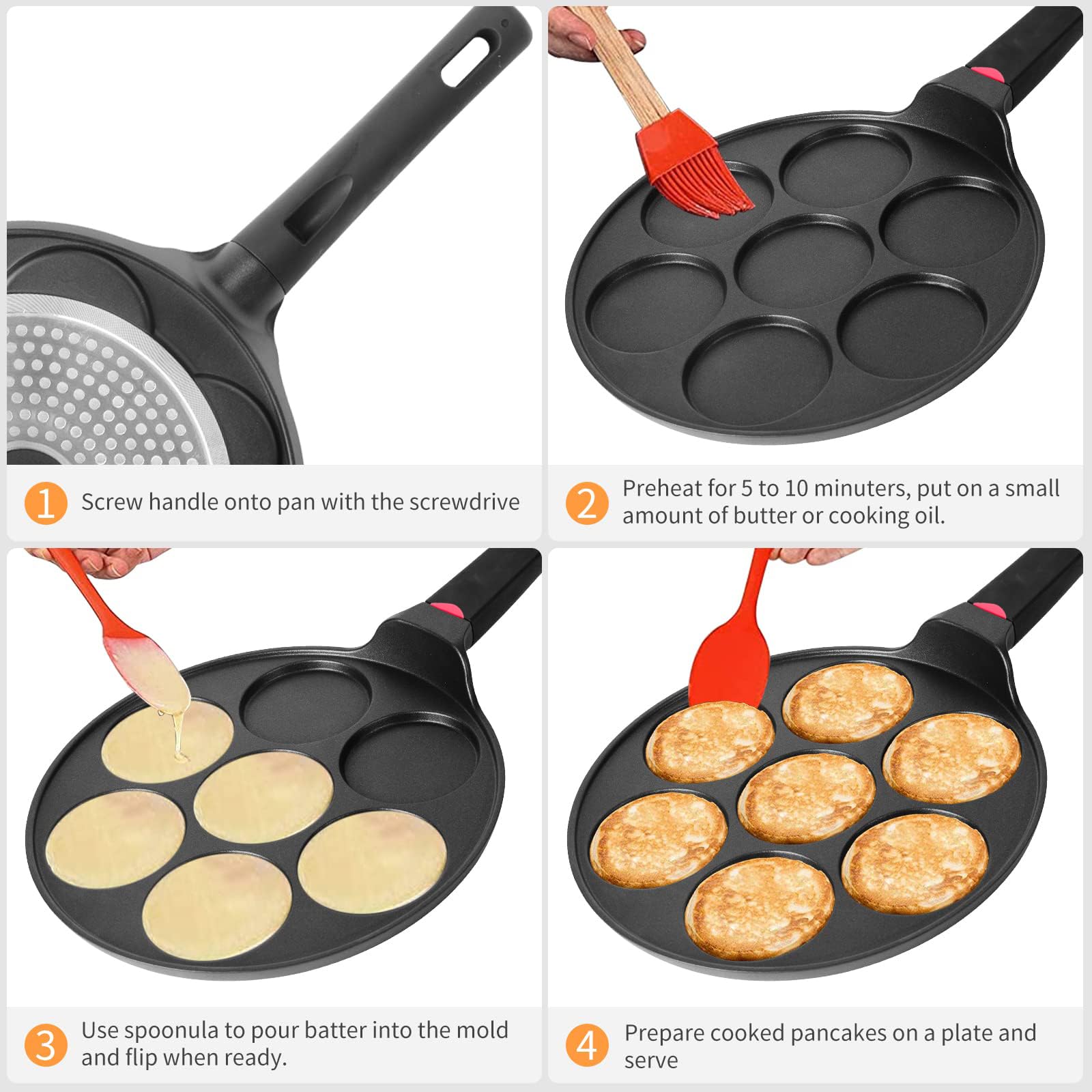 CAINFY Pancake Pan bakelite handle stays cool for comfortable flipping.