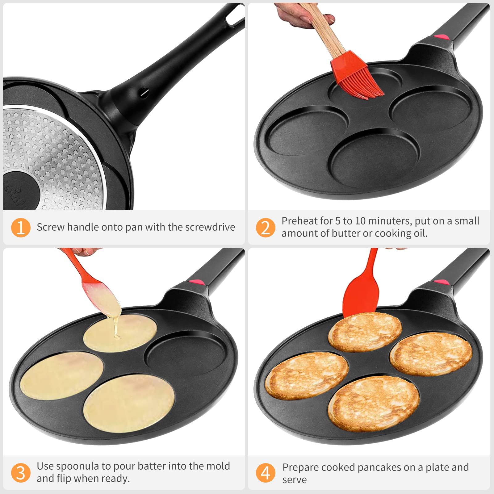 CAINFY pancake pan with bakelite handle demonstrates stay-cool safety during use.