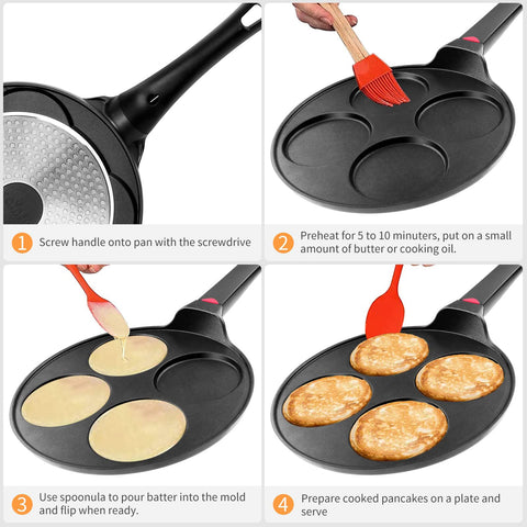 CAINFY pancake pan with bakelite handle demonstrates stay-cool safety during use.