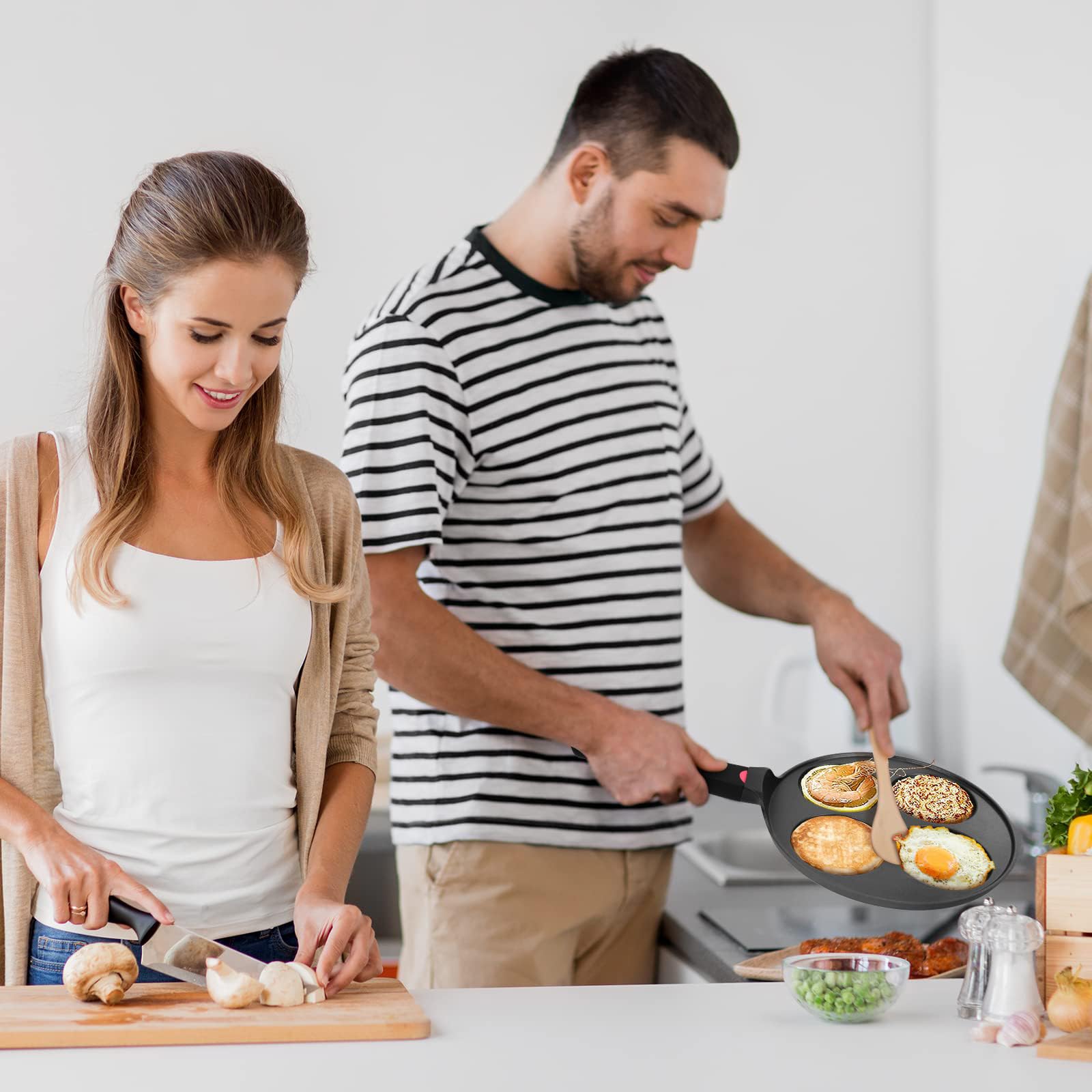 CAINFY pancake pan on gas stove shows reliable heat for even cooking.