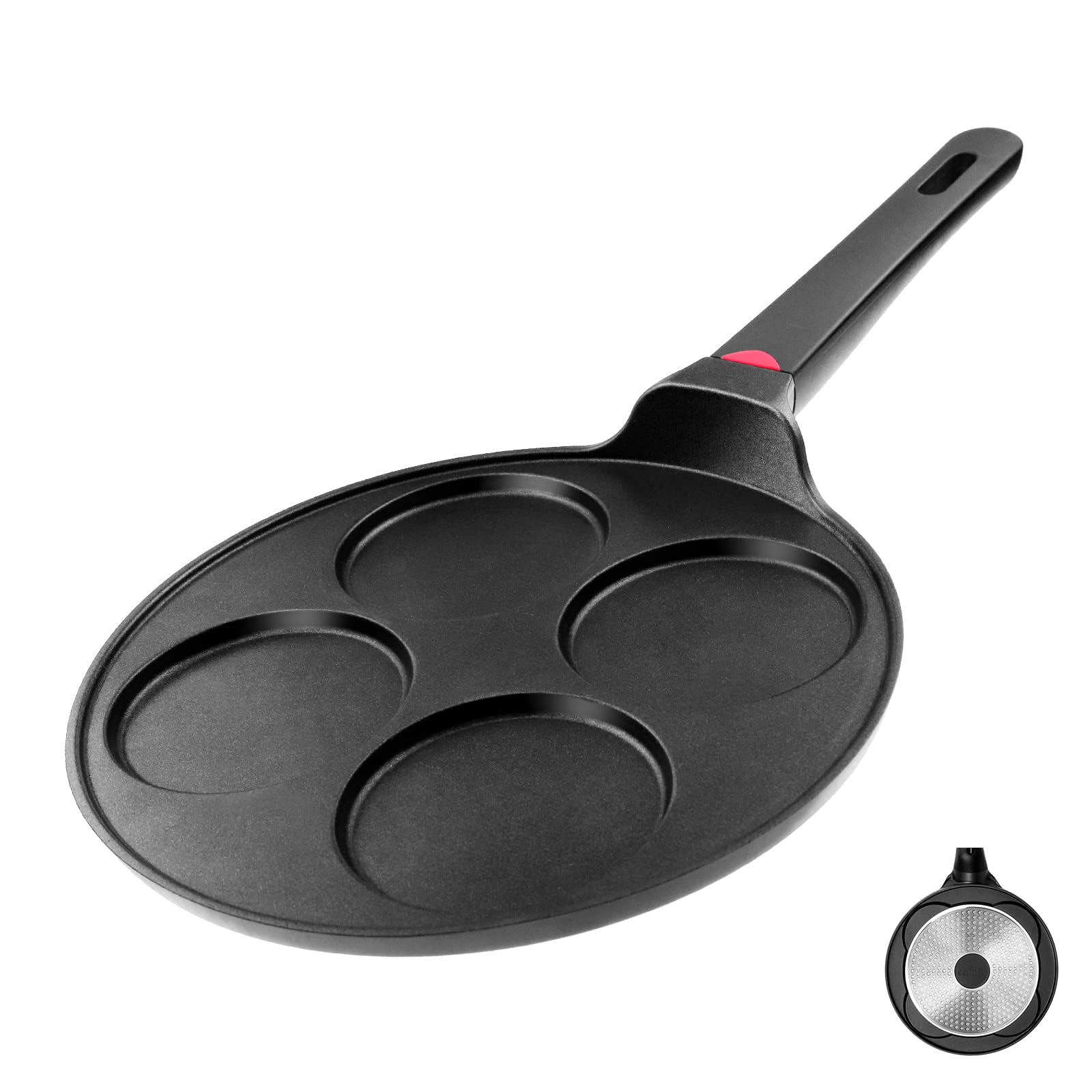 CAINFY pancake pan top view shows four mini molds for easy, even-browning pancakes.
