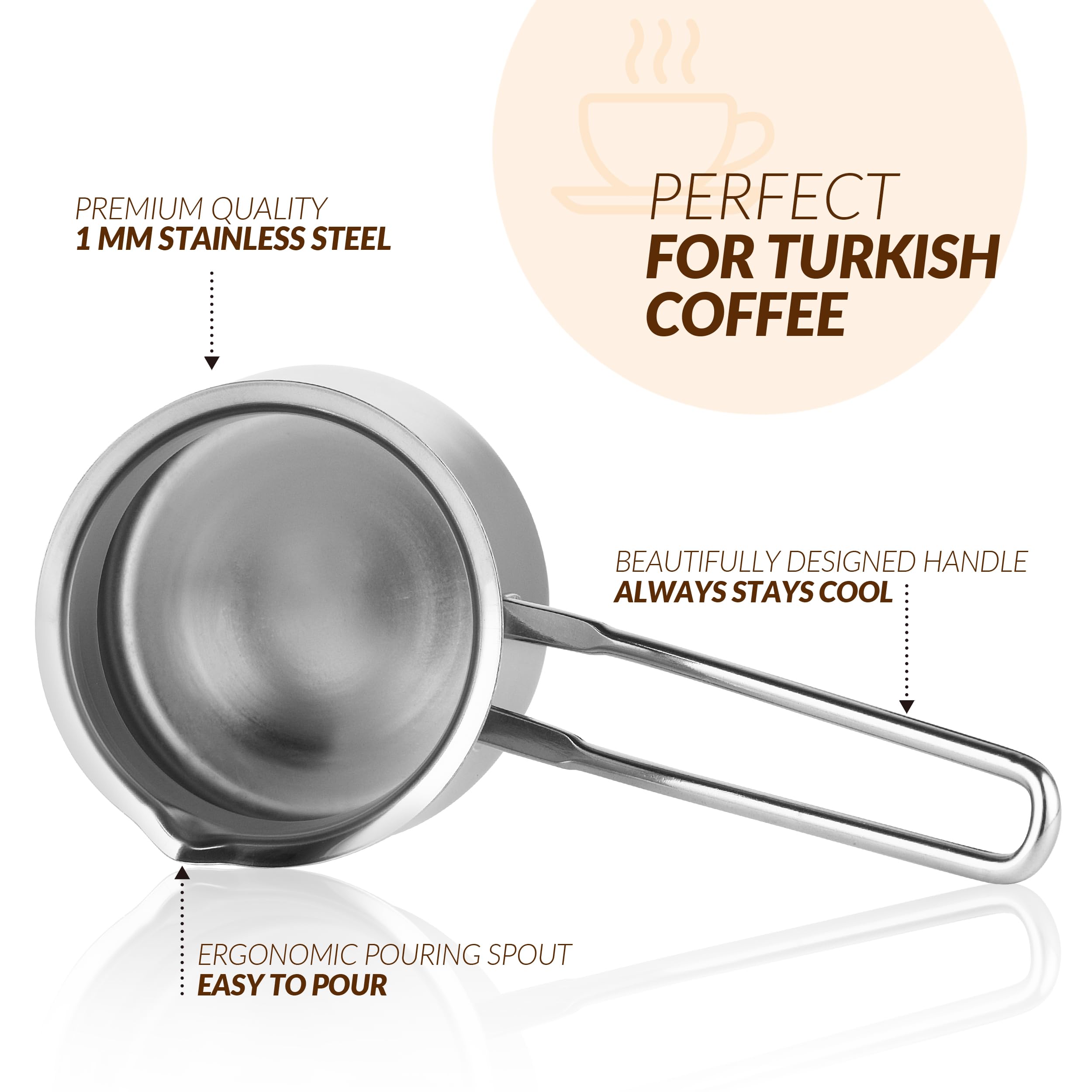 Caizen Turkish coffee pot on stove top demonstrates quick, even heating