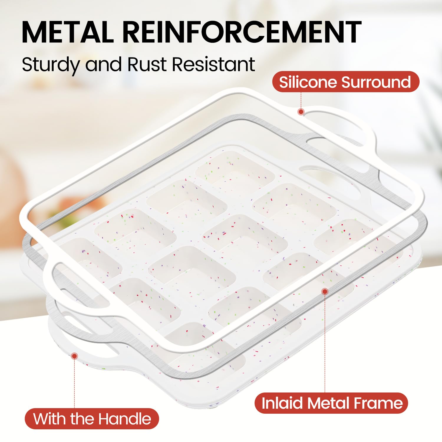CAKETIME silicone mini loaf pan with metal frame, side view showing sturdy edge support