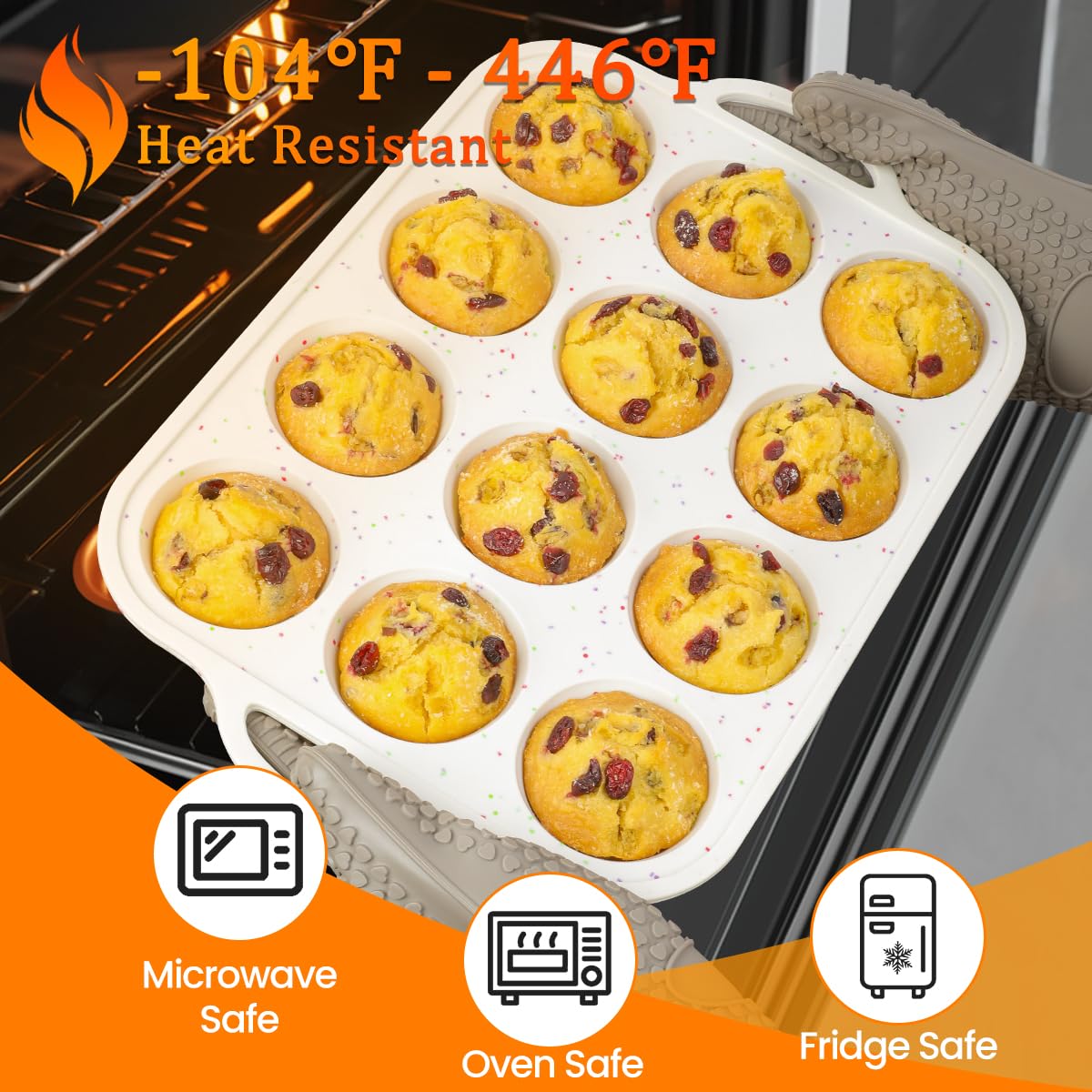 CAKETIME easy-grip rim silicone muffin pan for safe handling during transfers.