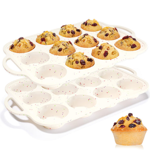 CAKETIME silicone muffin pan with metal frame, 12 cups, sturdy bake and safe transfer.