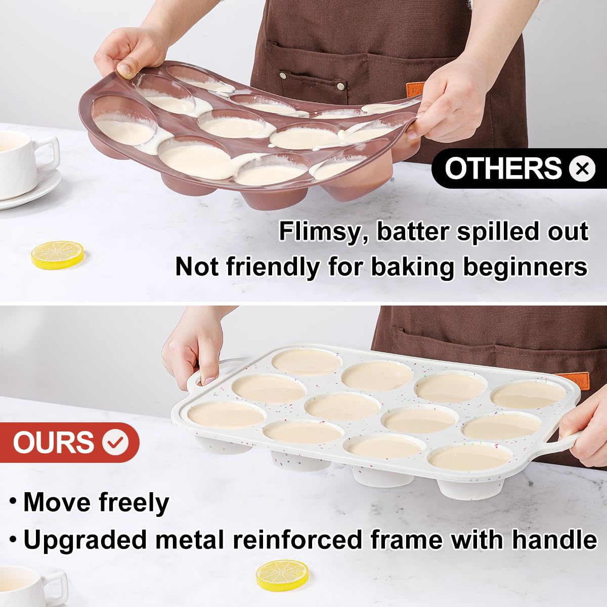 CAKETIME top-view silicone muffin pan showing 12 cups for even batter distribution.