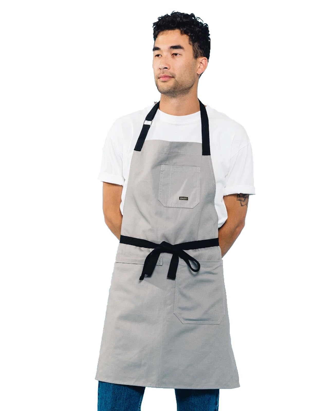 Caldo Daily Cotton Kitchen Apron in grey, front view with adjustable neck strap for comfort