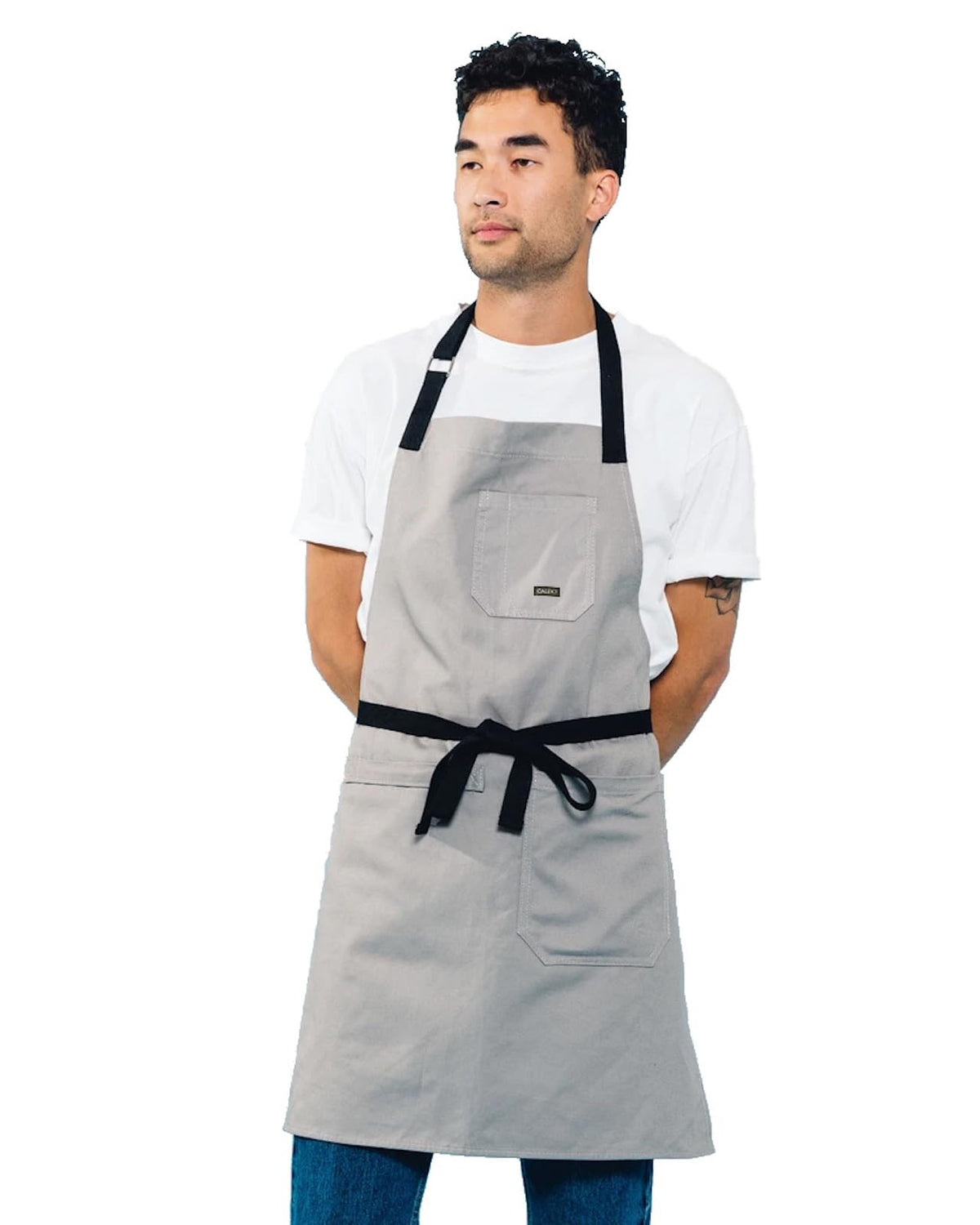 Caldo Daily Cotton Kitchen Apron in grey, front view with adjustable neck strap for comfort