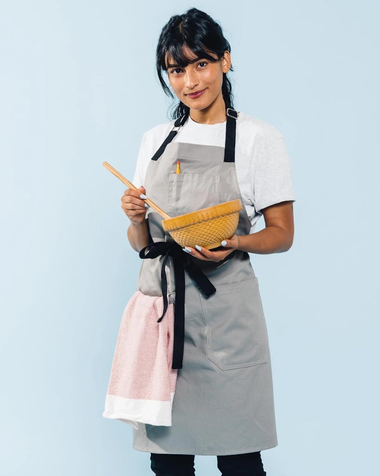 Caldo grey apron features towel loop for quick wipes during service
