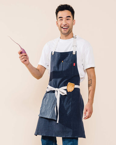 Caldo linen apron adjustable neck and waist straps with metal hardware