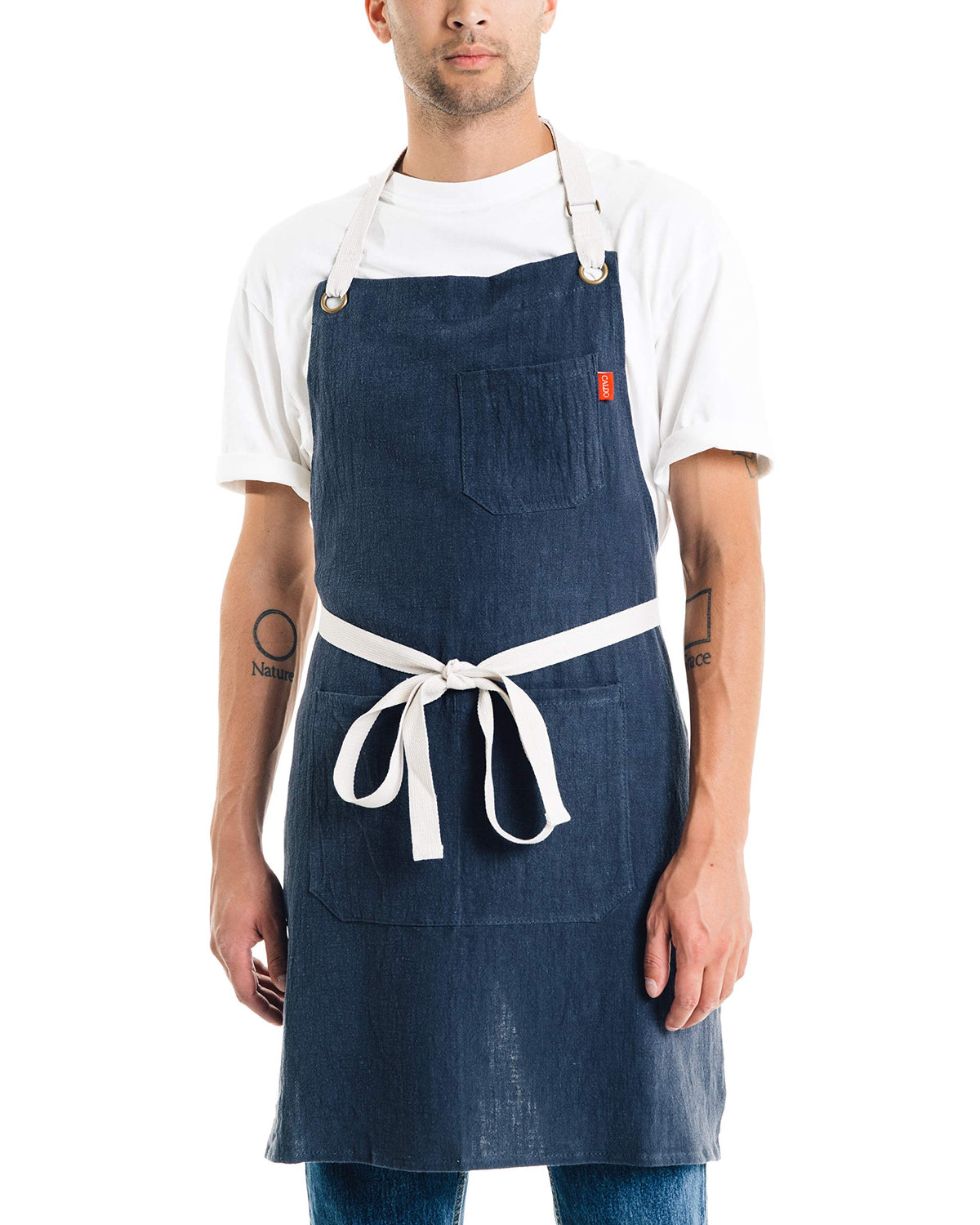 Caldo linen kitchen apron front view, showcasing durable fabric and fit for professionals