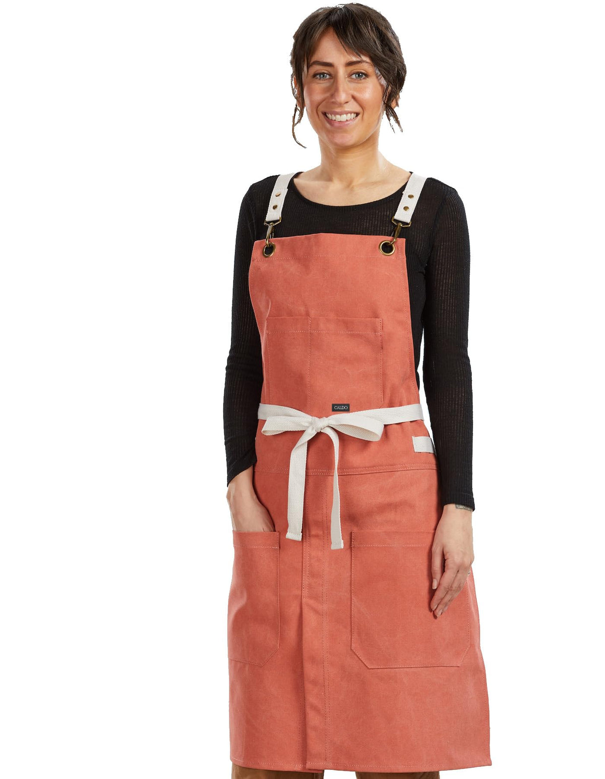 Caldo split leg apron terracotta front view keeps clothes clean while cooking
