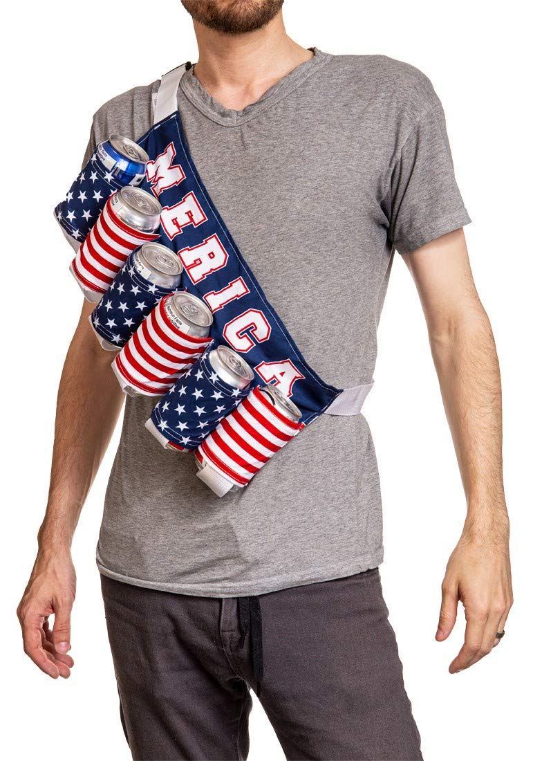Calhoun Merica beverage belt worn outdoors offers hands-free convenience for drinks.