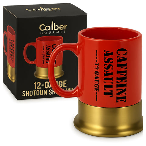Caliber Gourmet 12G gauge mug with red-gold finish for bold mornings.