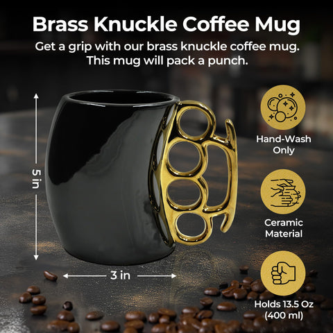 Caliber Gourmet Brass Knuckles Mug uses black and gold finish to retain heat and style