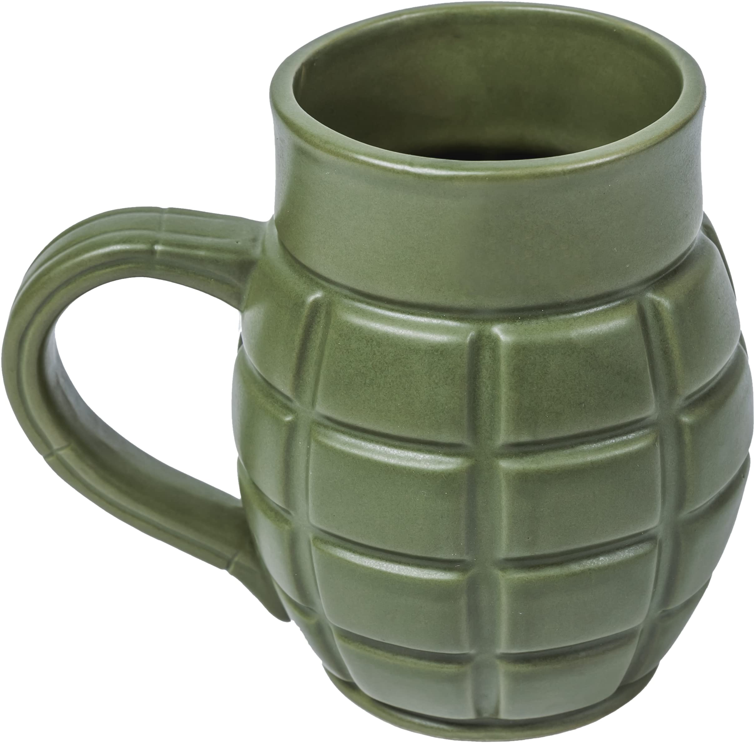 Caliber Gourmet Green Grenade Mug front view shows rugged ceramic design for hot coffee.
