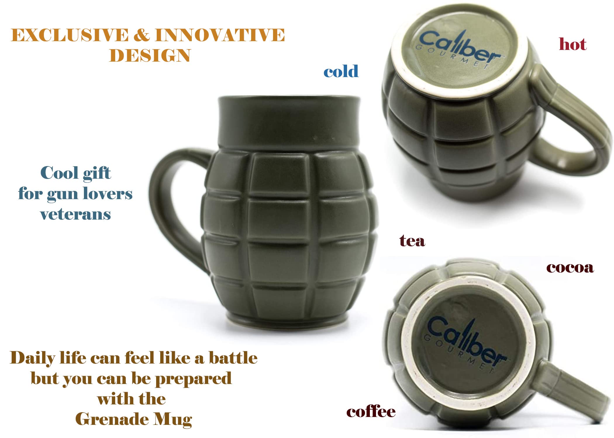 Caliber Gourmet Green Grenade Mug gift-ready packaging showcases novelty appeal.
