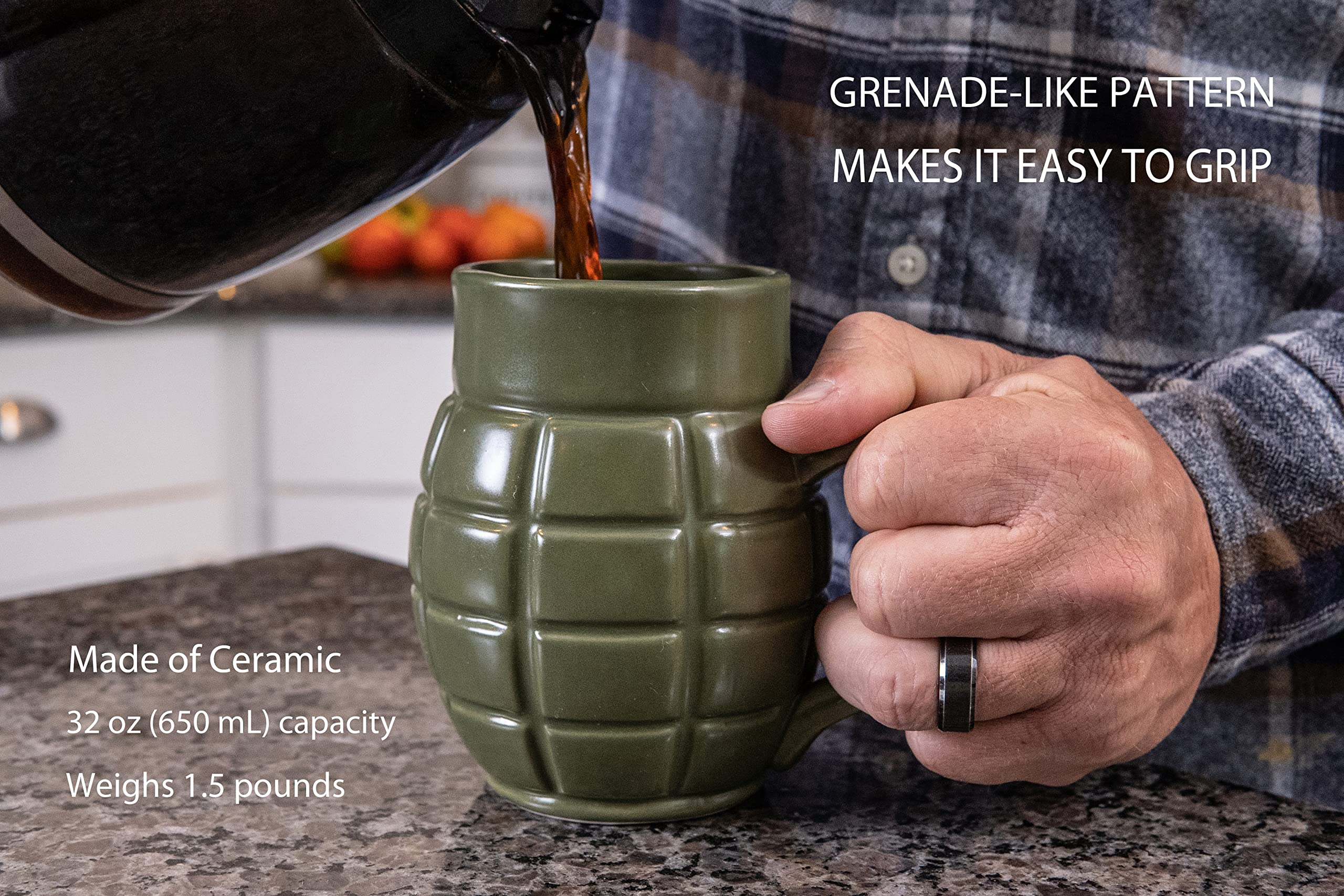 Caliber Gourmet Green Grenade Mug side pattern highlights grip texture for easy handling.