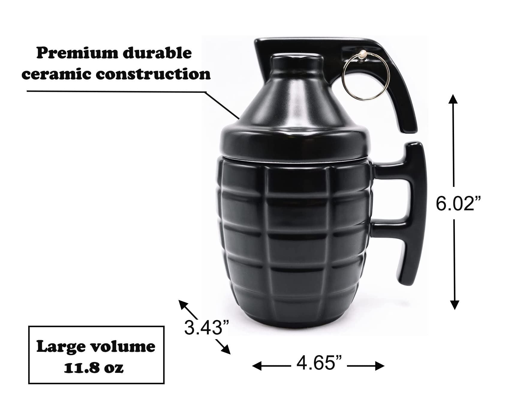Caliber Gourmet grenade mug with lid adds rugged style to home or office.