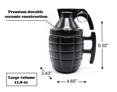Caliber Gourmet grenade mug with lid adds rugged style to home or office.