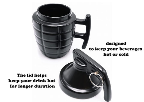 Caliber Gourmet grenade mug on a camping table showcases versatile outdoor use.