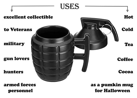Caliber Gourmet grenade mug with lid, tactical design, perfect for travel mornings.