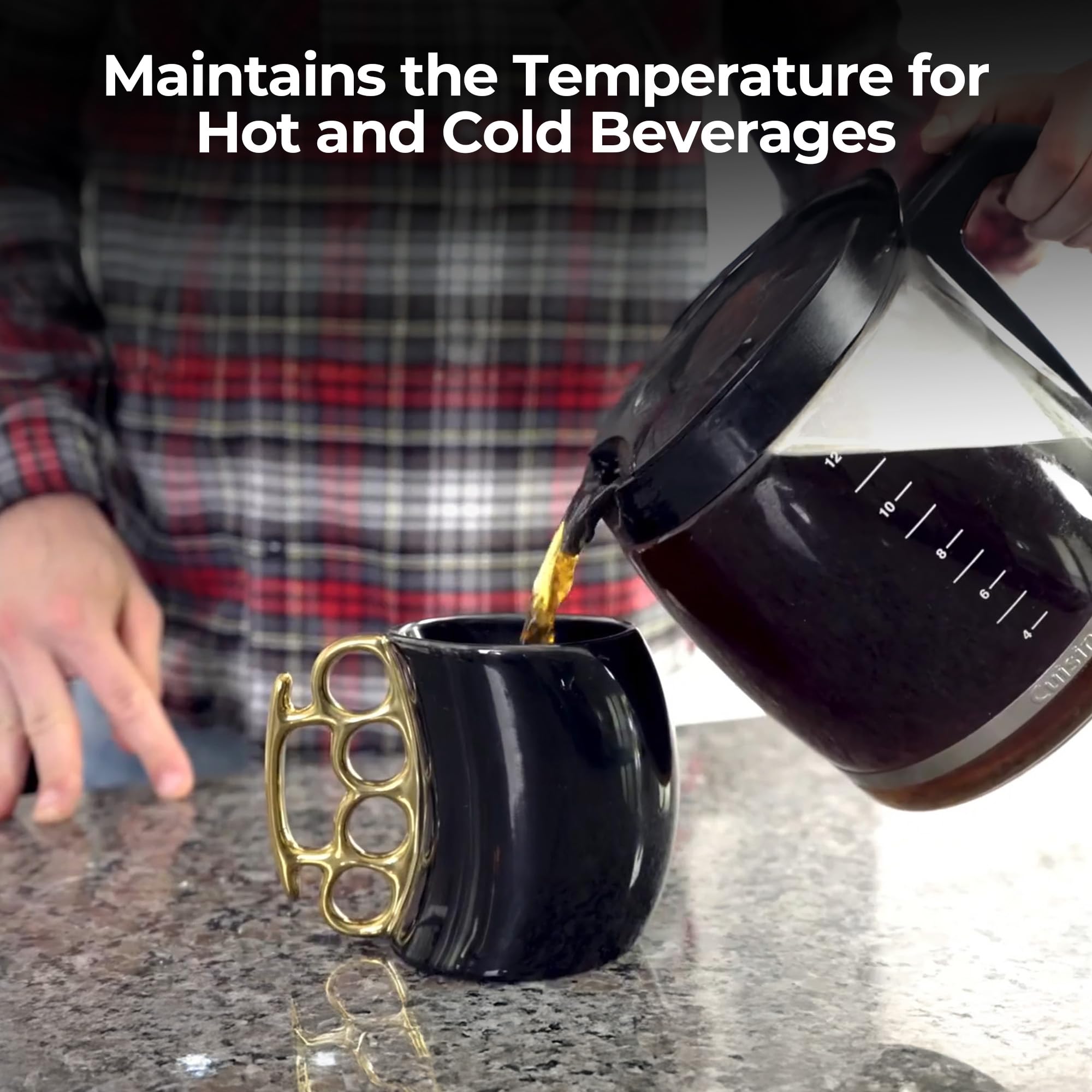 Caliber Gourmet Self-defense mug featuring knuckles handle for an eye-catching desk piece