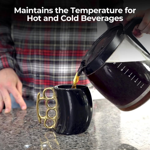 Caliber Gourmet Self-defense mug featuring knuckles handle for an eye-catching desk piece