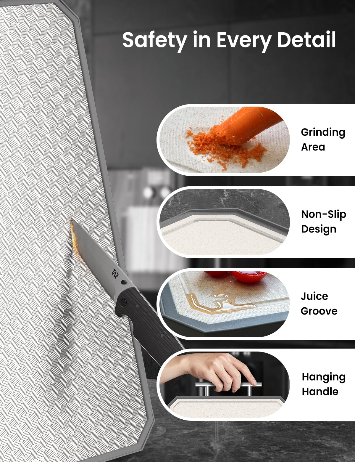 Callsky juice groove catches liquids to keep counters tidy.