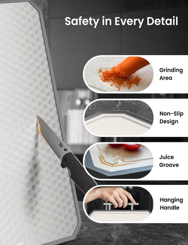 Callsky juice groove catches liquids to keep counters tidy.