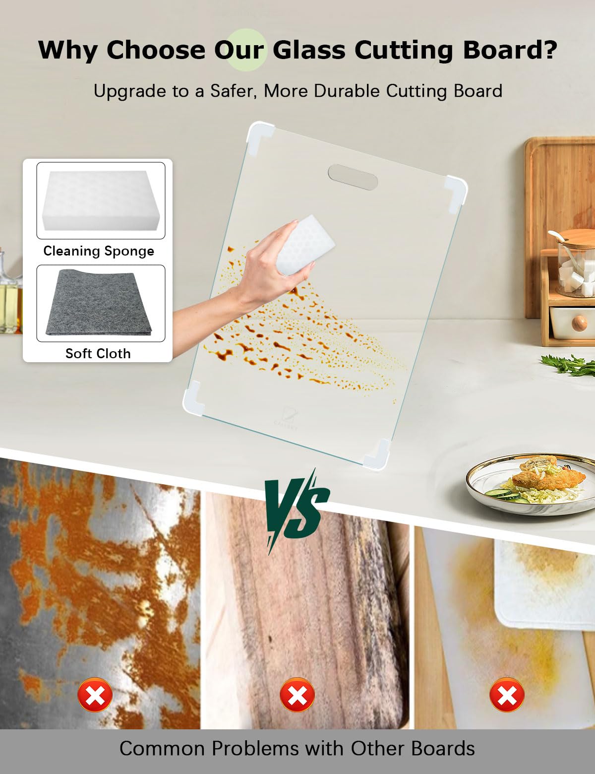 Callsky glass cutting board in-use for chopping and prep