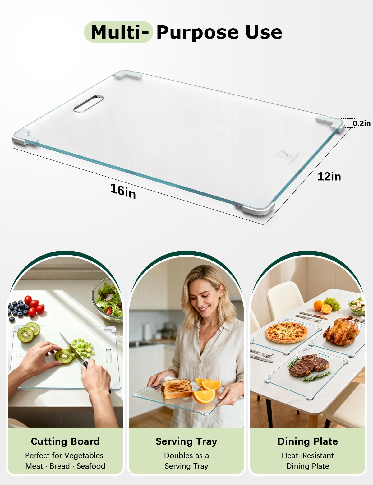 Callsky glass cutting board surface close-up shows non-porous easy-clean surface