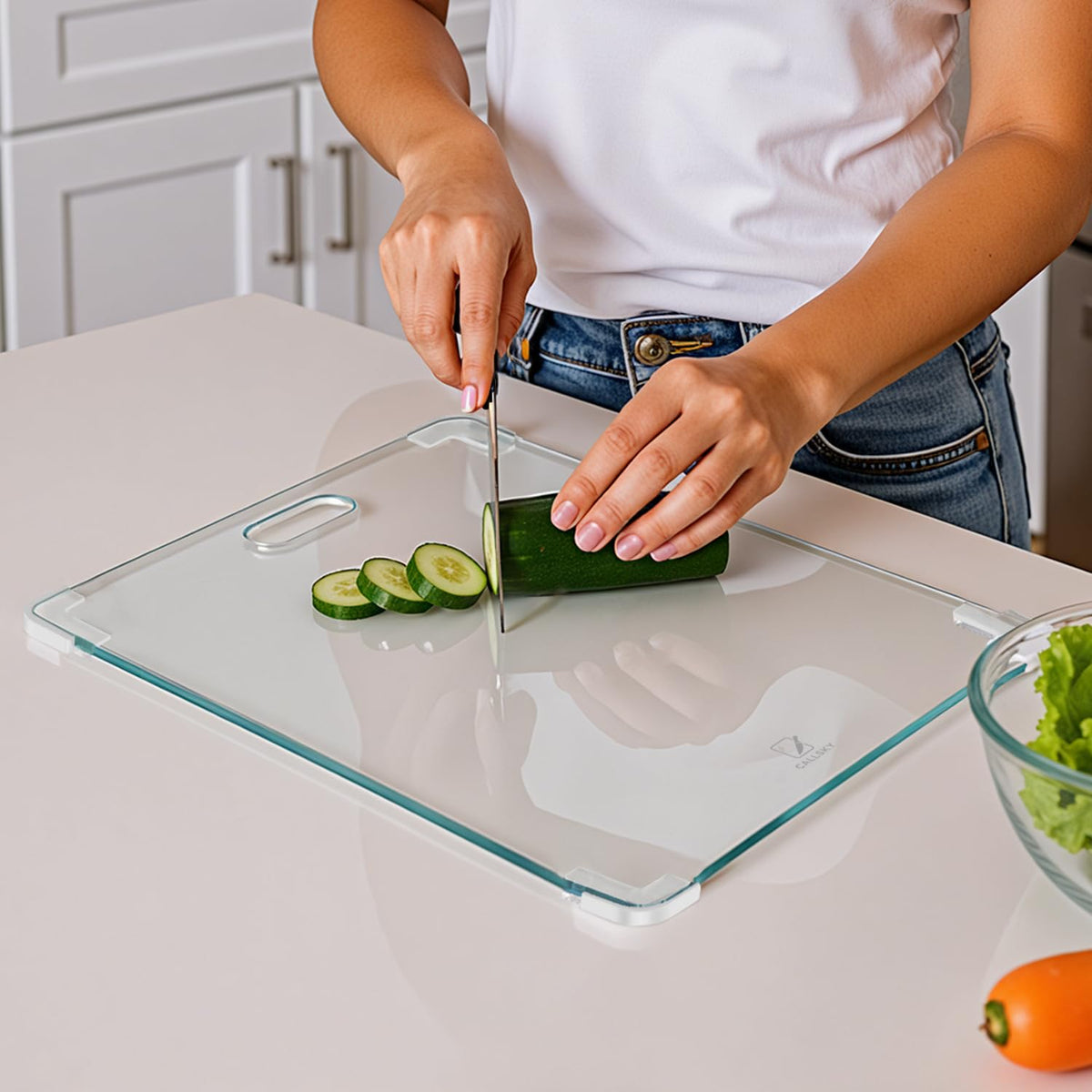 Callsky Glass Cutting Board 16x12 top view with stable non-slip feet