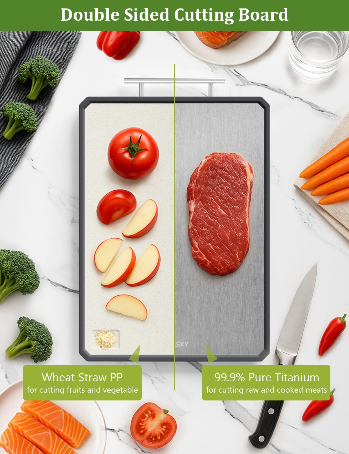 Callsky titanium cutting board dual-sides open showing two surfaces for versatile prep
