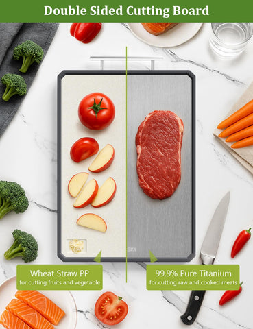 Callsky titanium cutting board dual-sides open showing two surfaces for versatile prep