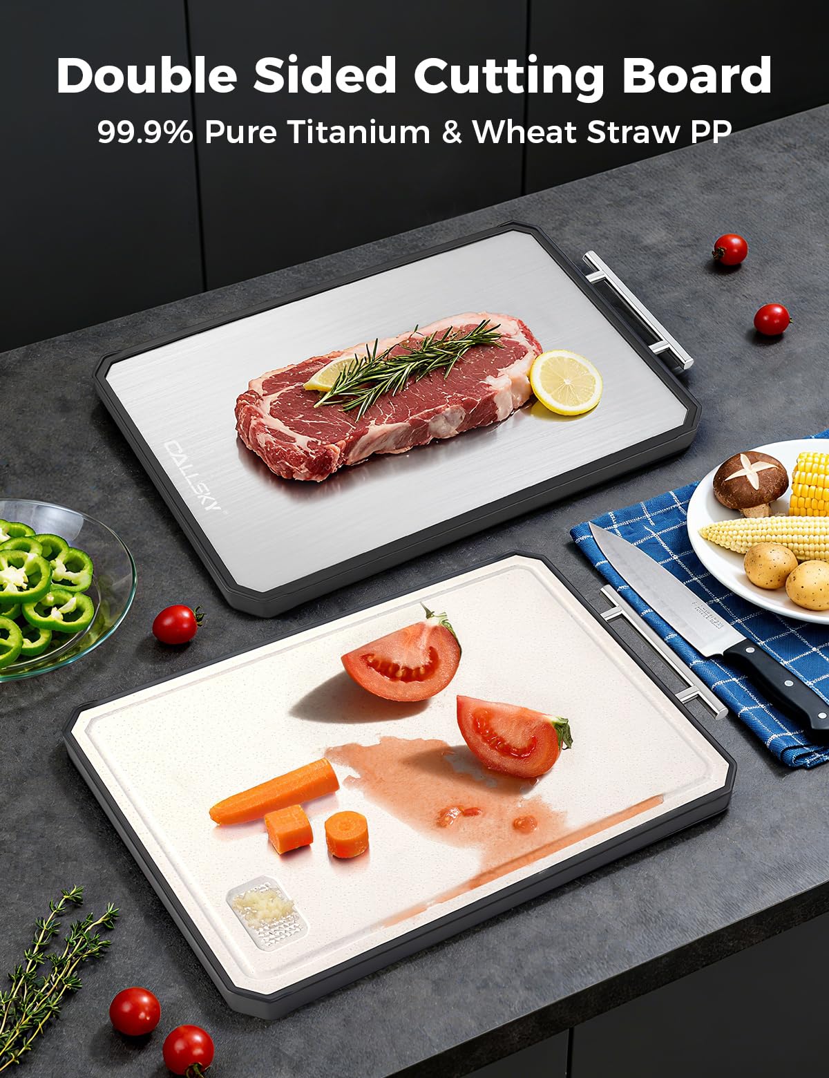 Callsky titanium cutting board surface close-up showing non-porous finish.