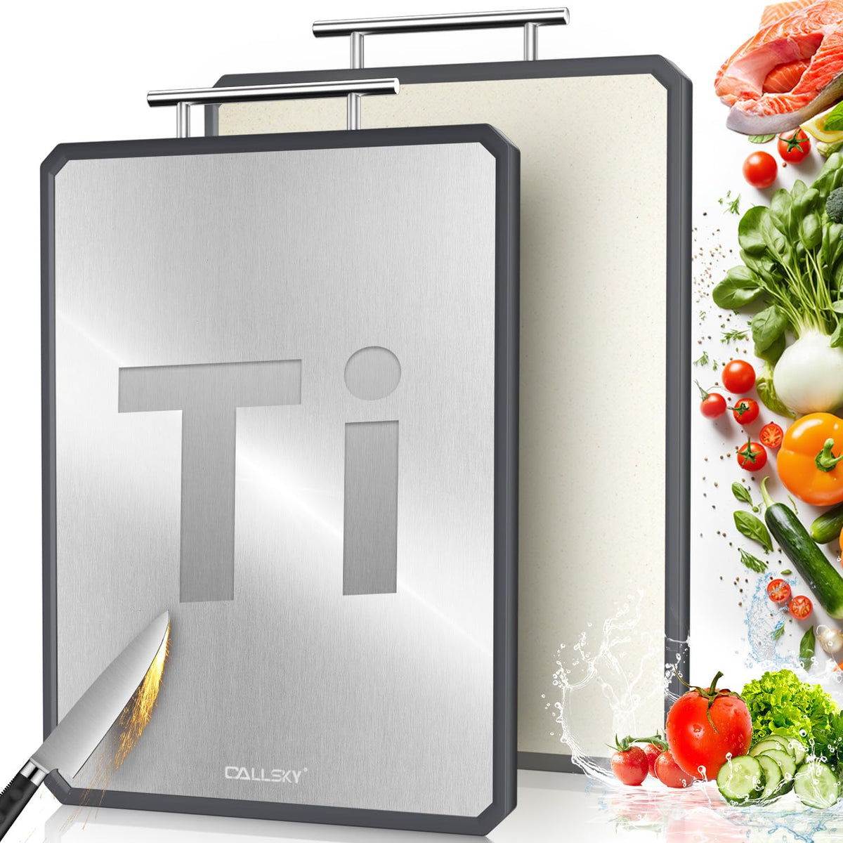 Callsky titanium cutting board top view highlighting the dual-sided design for meat and produce
