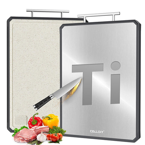 Callsky titanium cutting board top view for versatile meat and produce prep.