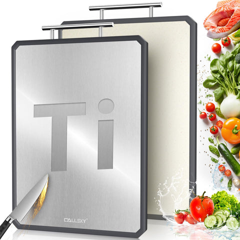 Callsky titanium cutting board top view highlighting the dual-sided design for meat and produce