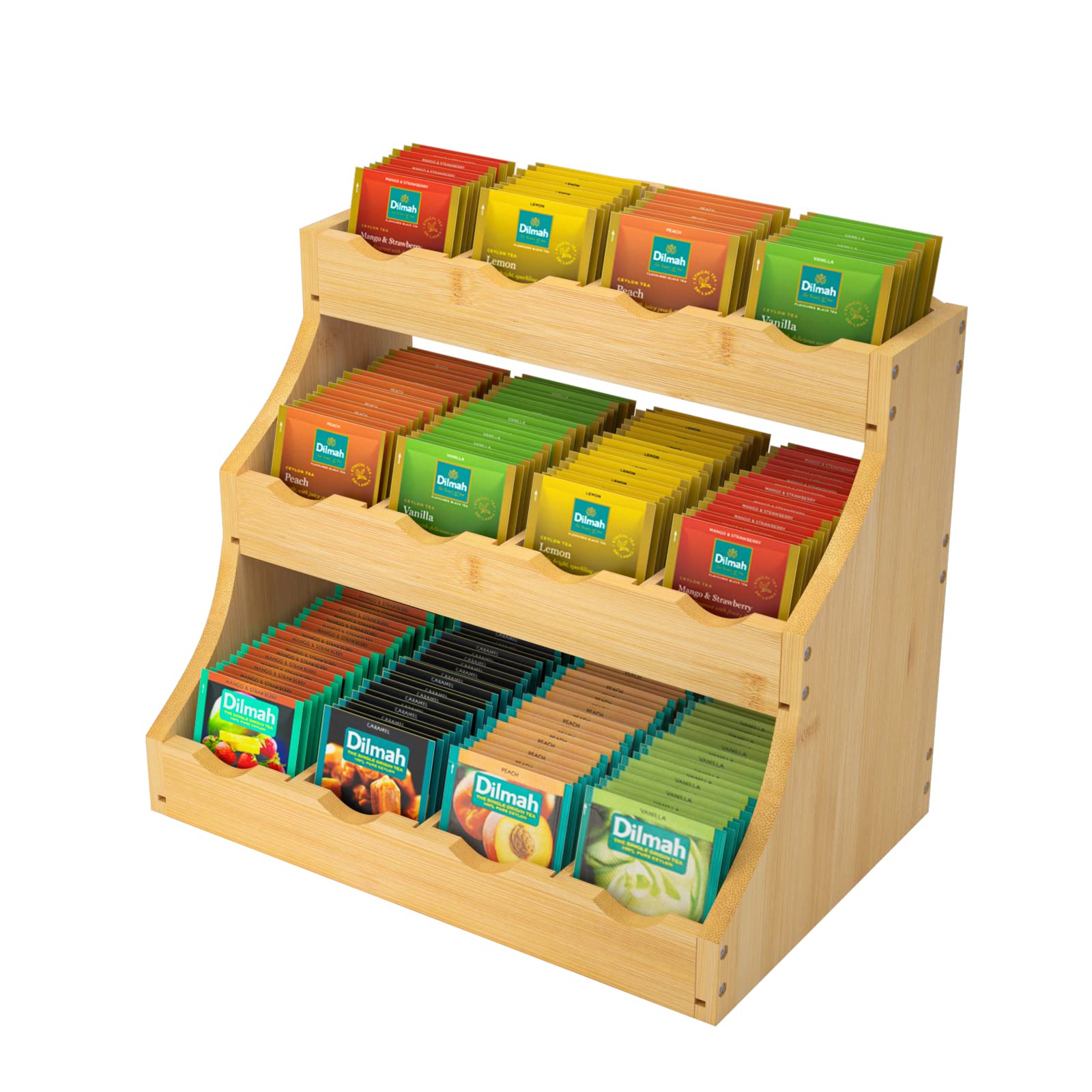 CALM COZY bamboo tea bag organizer with a 3-tier vertical design for quick tea access